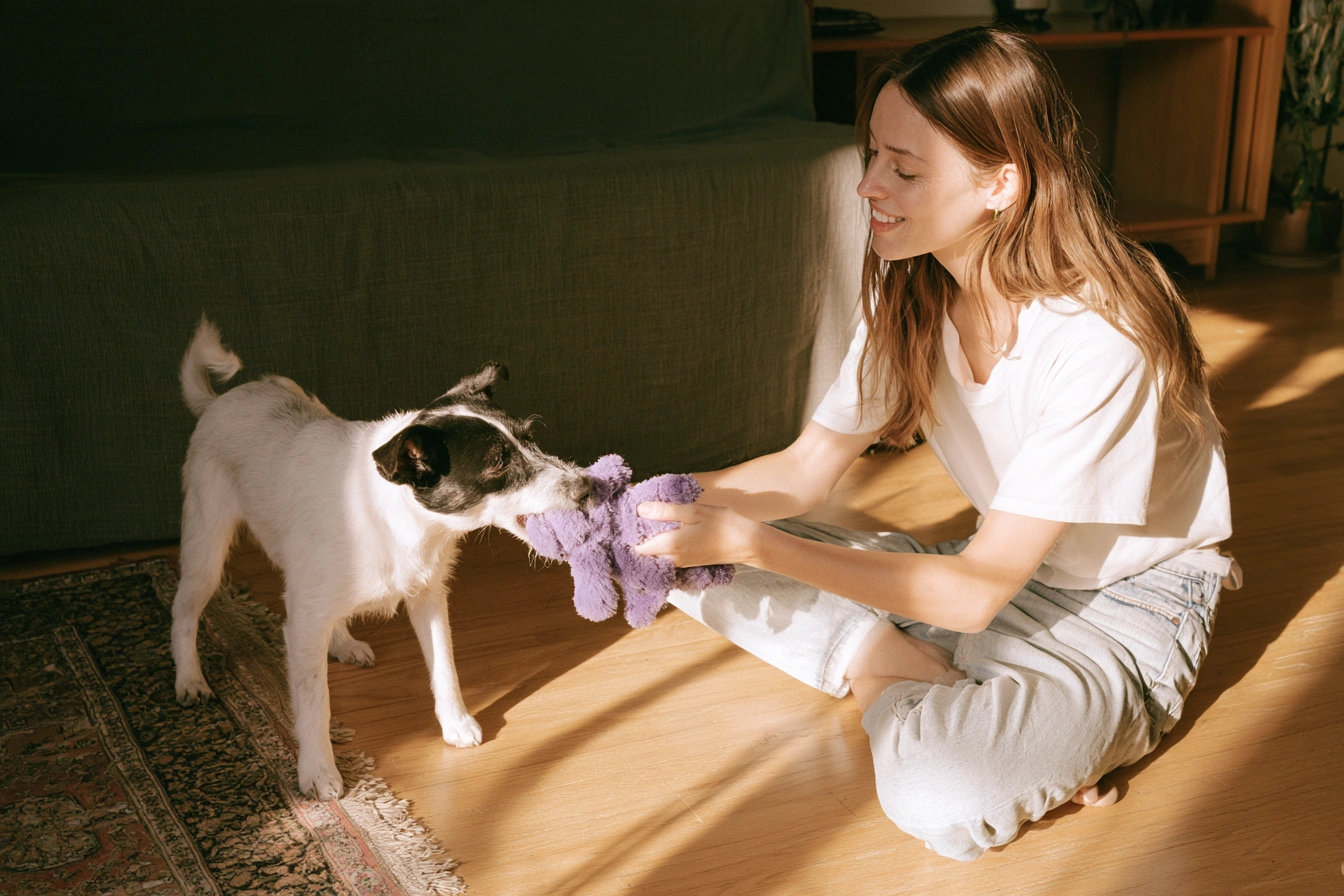 A woman playing with her dog at home