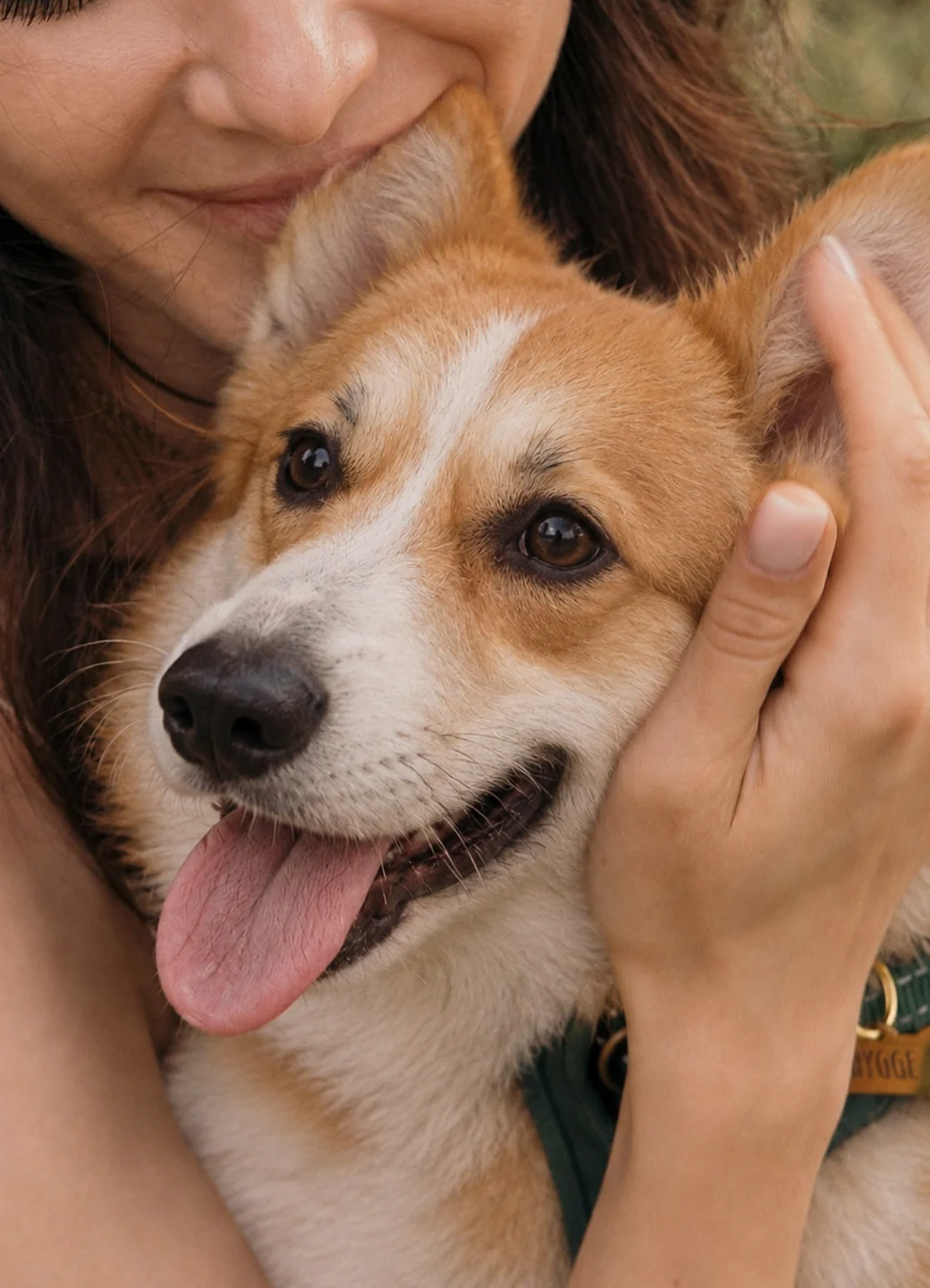 A woman cuddling her corgi